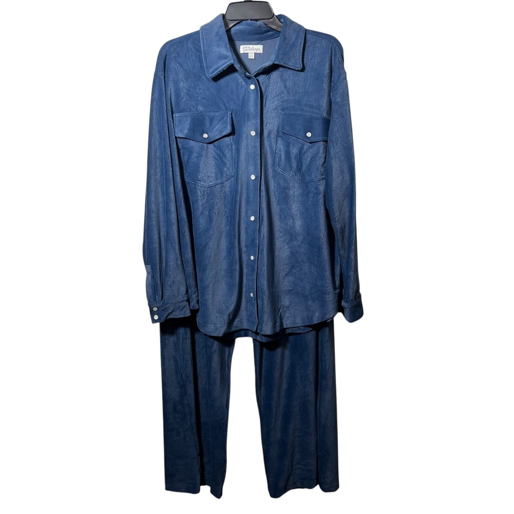 PJ‎ Salvage Blue Plush Button Up Pajama Set XL Soft Lounge Top & Pants Cozy